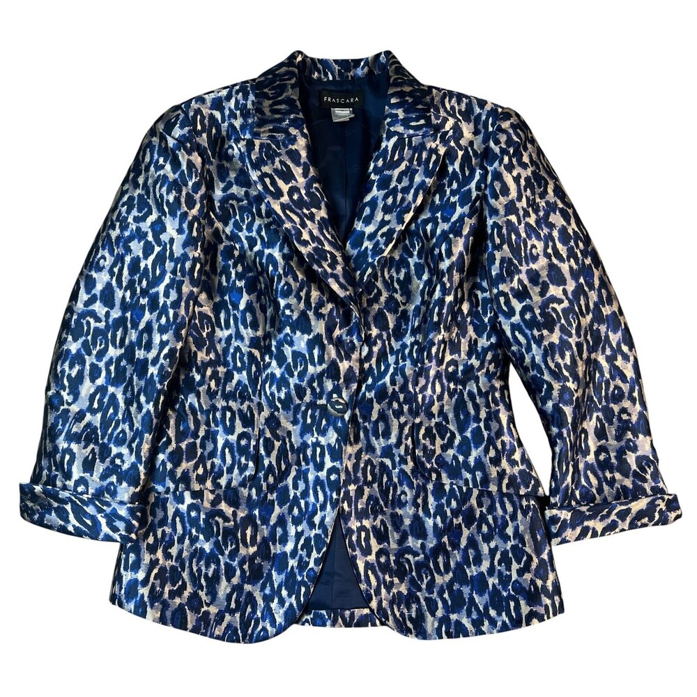 Frascara Elegant Tailored Blue Animal Print Blazer Size 8 Office Formal Casual